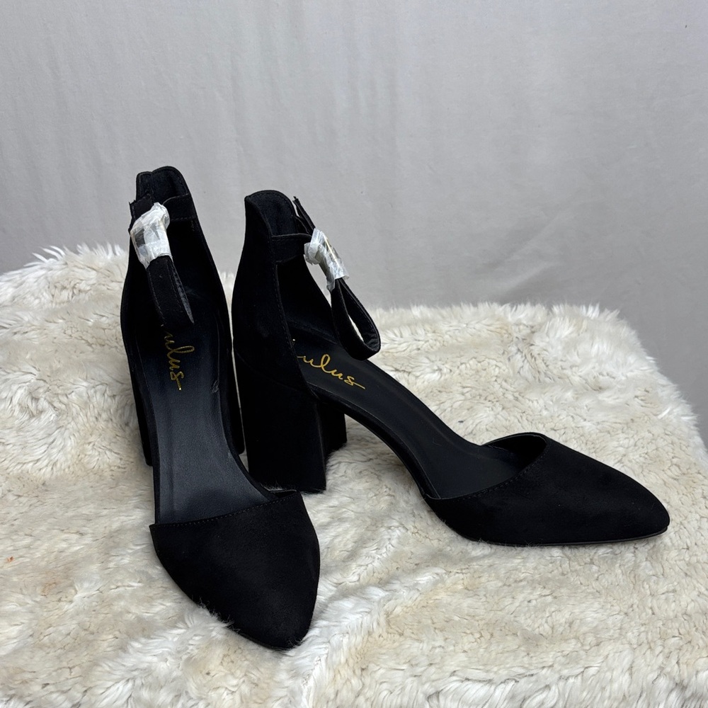 Lulu's Black Pointed Block Heel Ankle Strap Pumps